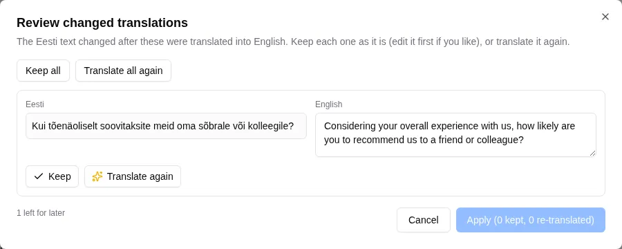 The review dialog: the changed Estonian source beside its English translation, with Keep and Translate again buttons